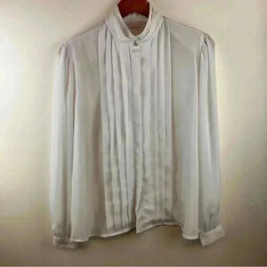 VTG Women's Sz.10 Sheer Puff-Sleeve Blouse White Pleated-Front Victorian